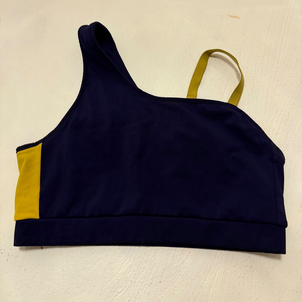 Gymshark Womens One Shoulder Sports Bra Navy Blue Yellow Colorblock Size M